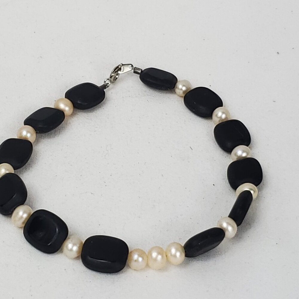 Pearl & Black Stone Kids Youth Necklace Chocker Collar 10in